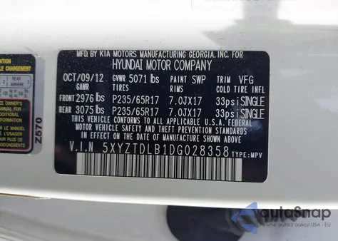 2013 Hyundai Santa Fe Sport z USA, uszkodzony, nr VIN 5XYZTDLB1DG028358